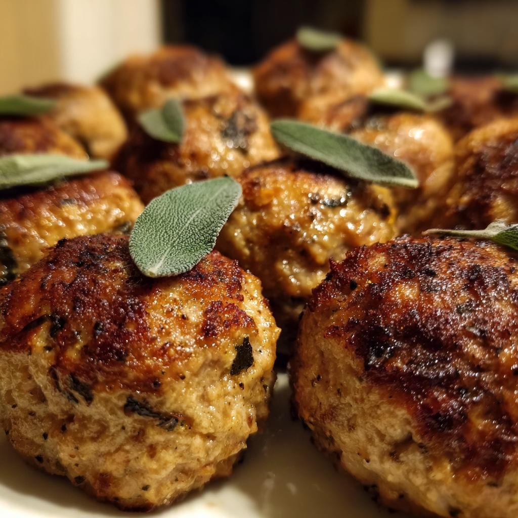 Close-up of Pumpkin Sage Turkey Meatballs garnished with fresh sage leaves on a white plate.