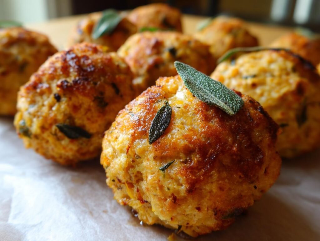 Close-up of Pumpkin Sage Turkey Meatballs garnished with fresh sage leaves on parchment paper.