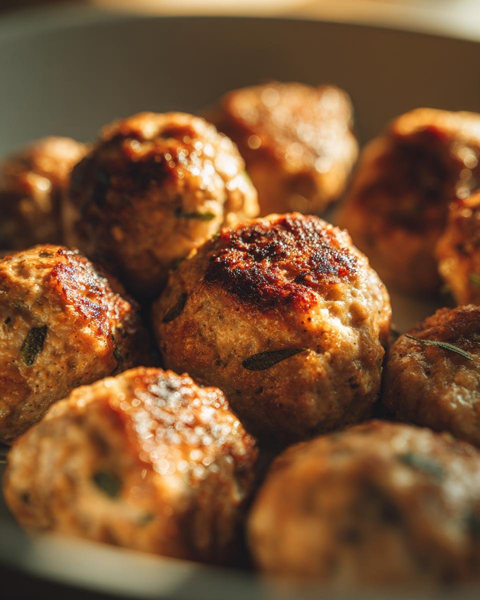Close-up of golden brown Pumpkin Sage Turkey Meatballs on a plate, showing herbs and texture.