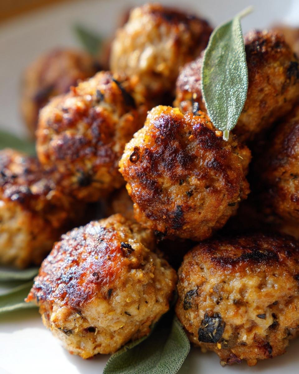 A close-up of golden brown Pumpkin Sage Turkey Meatballs, garnished with fresh sage leaves.