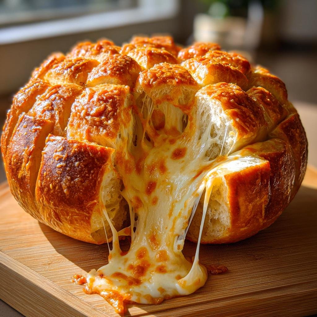 Close-up of a Pumpkin-Shaped Cheesy Pull-Apart Bread with melted cheese oozing out.