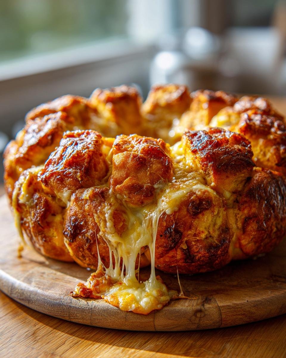 Close-up of a golden Pumpkin-Shaped Cheesy Pull-Apart Bread with melted cheese dripping down the sides.