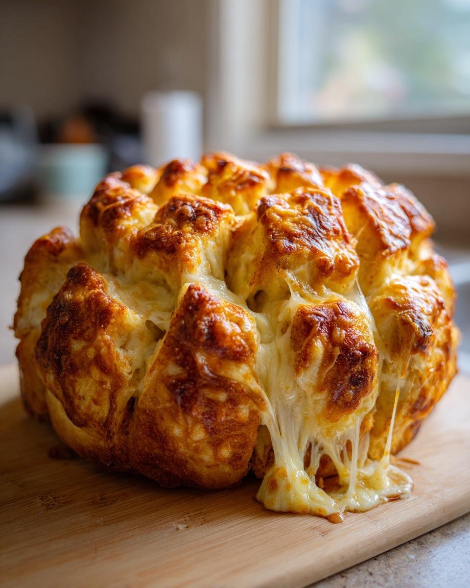 Golden Pumpkin-Shaped Cheesy Pull-Apart Bread with melted cheese on a wooden cutting board.