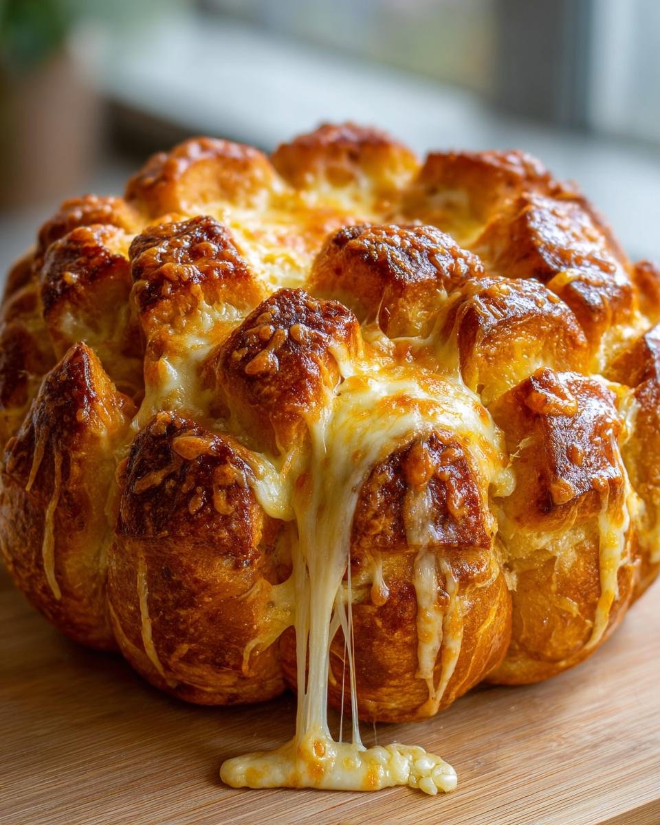 Close-up of a golden Pumpkin-Shaped Cheesy Pull-Apart Bread with melted cheese dripping down the sides.