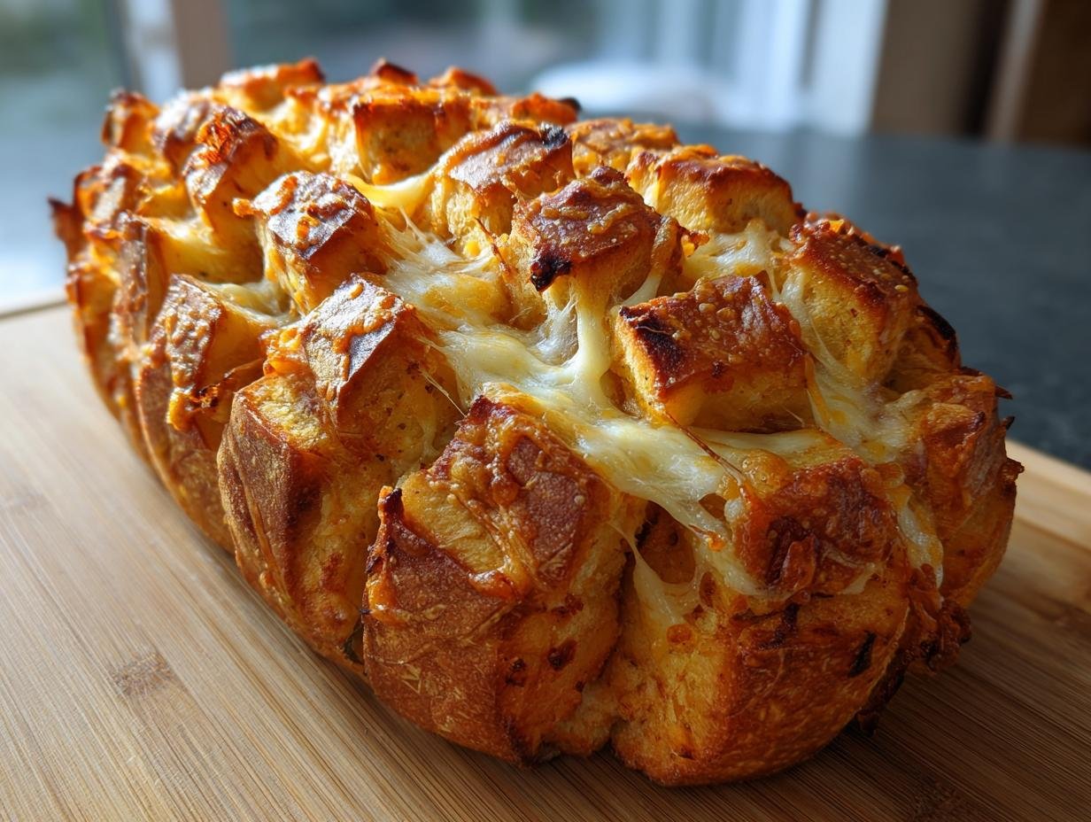 Close-up of a golden brown Pumpkin-Shaped Cheesy Pull-Apart Bread with melted cheese on a wooden board.