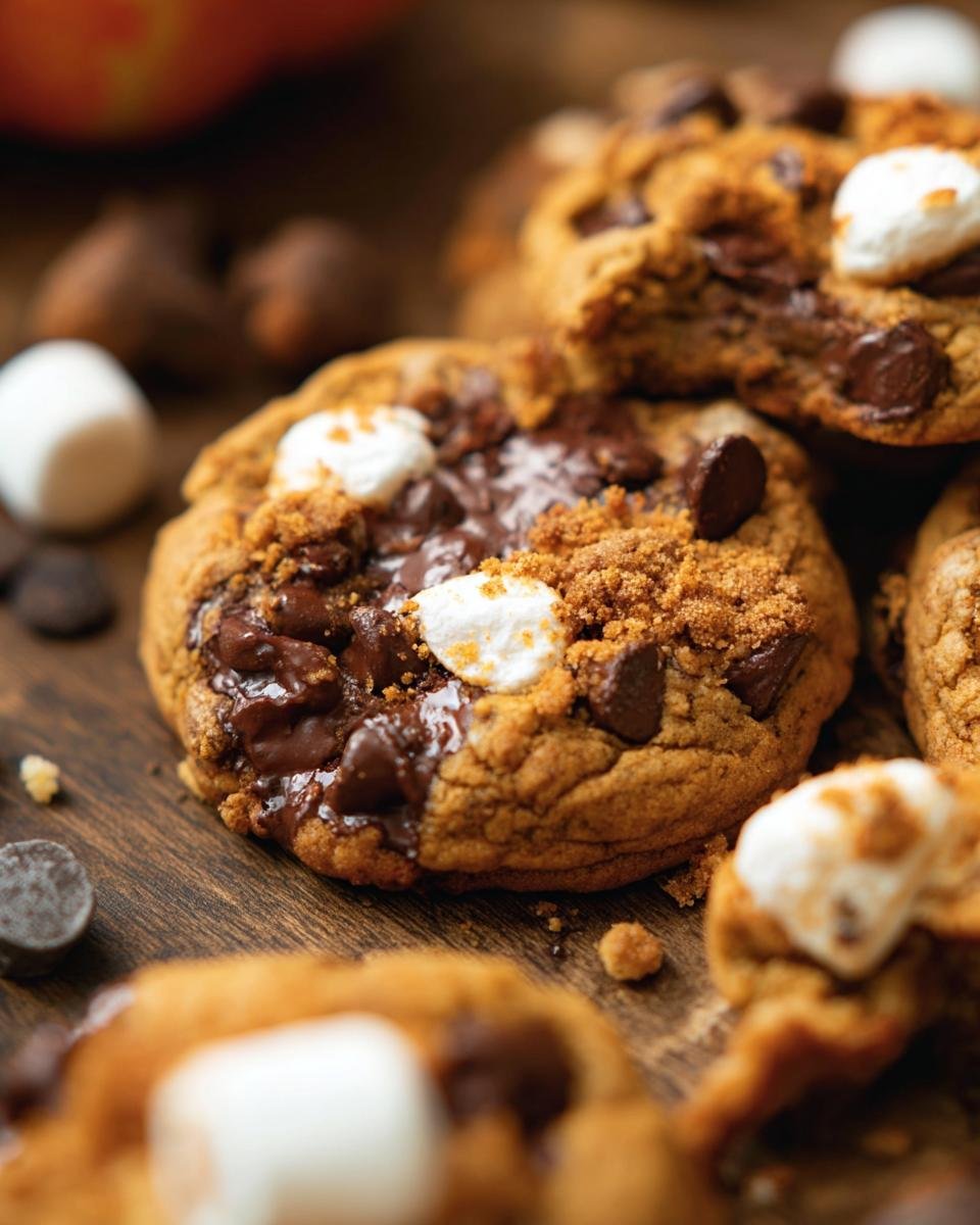 Close-up of Pumpkin S'mores Cookies with melted chocolate, marshmallows, and graham cracker crumbs on a wooden surface.