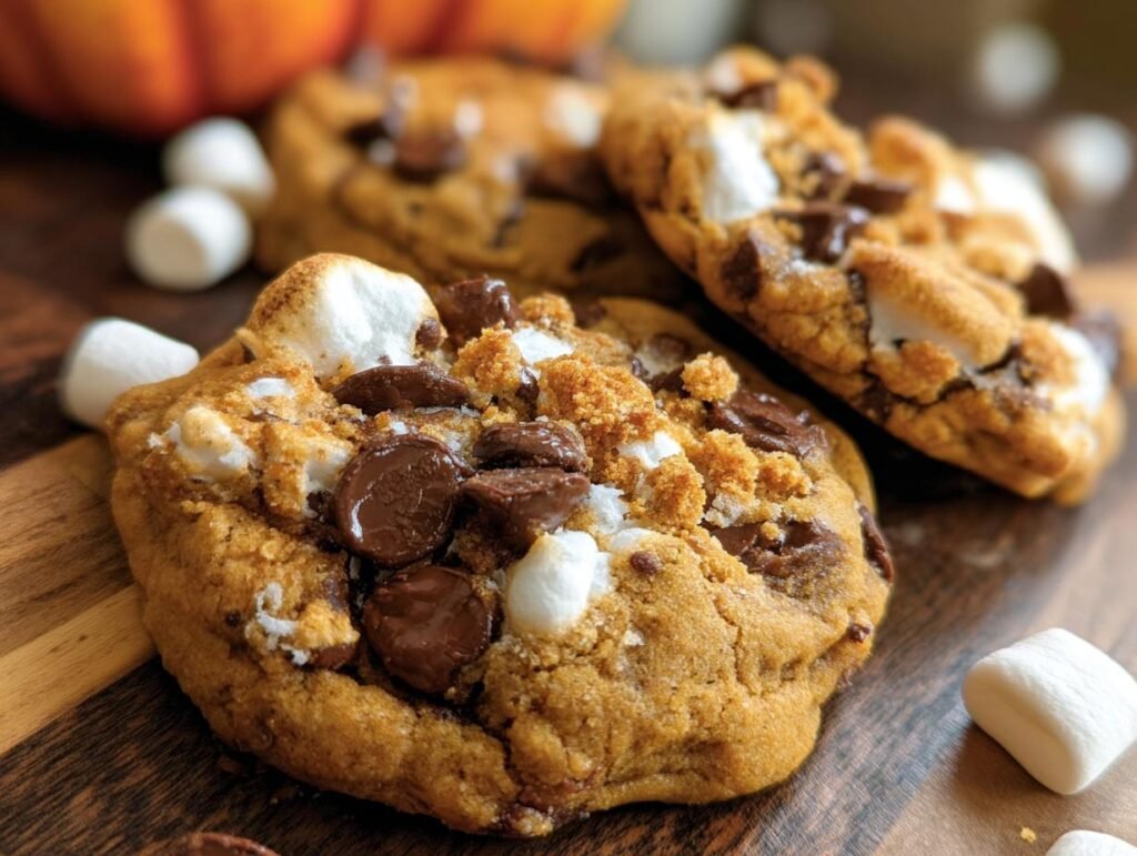 Close-up of Pumpkin S'mores Cookies with melted marshmallows and chocolate chips on a wooden board.