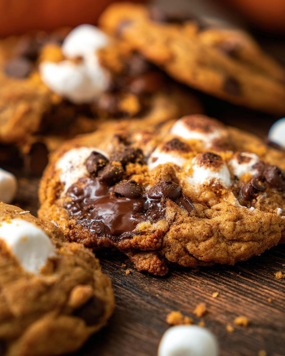 A close-up of Pumpkin S'mores Cookies with melted chocolate, toasted marshmallows, and graham cracker crumbs.