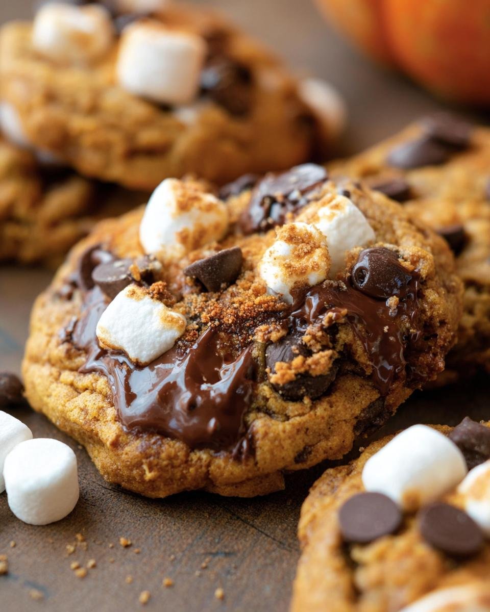 Close-up of Pumpkin S'mores Cookies with melted chocolate, marshmallows, and graham cracker crumbs.