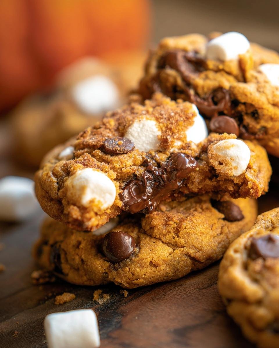A stack of Pumpkin S'mores Cookies, one broken in half to show the chocolate filling and marshmallow.