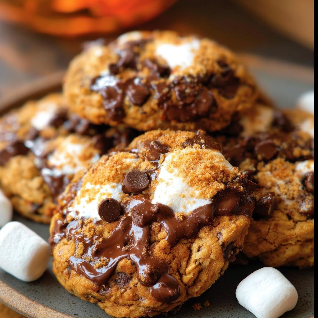 A stack of Pumpkin S'mores Cookies with melted chocolate, marshmallows, and graham cracker crumbs.