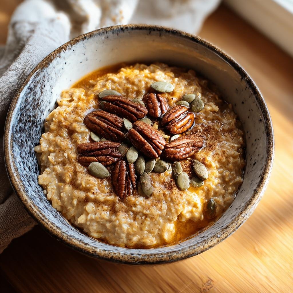 A delicious bowl of pumpkin spice oatmeal topped with pecans and pumpkin seeds.