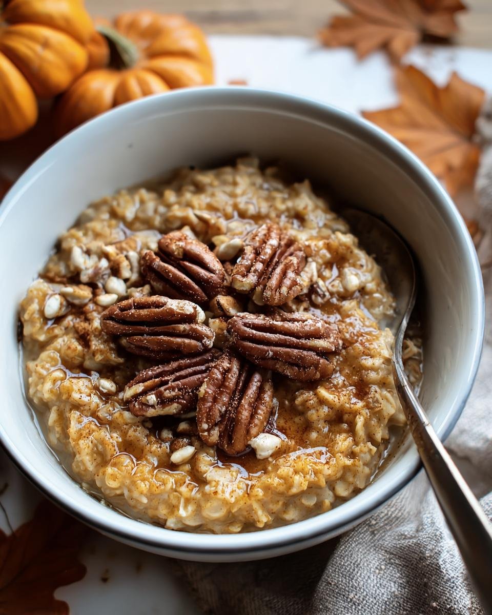 A bowl of warm Pumpkin Spice Oatmeal topped with pecans and a drizzle of syrup, perfect for a fall breakfast.
