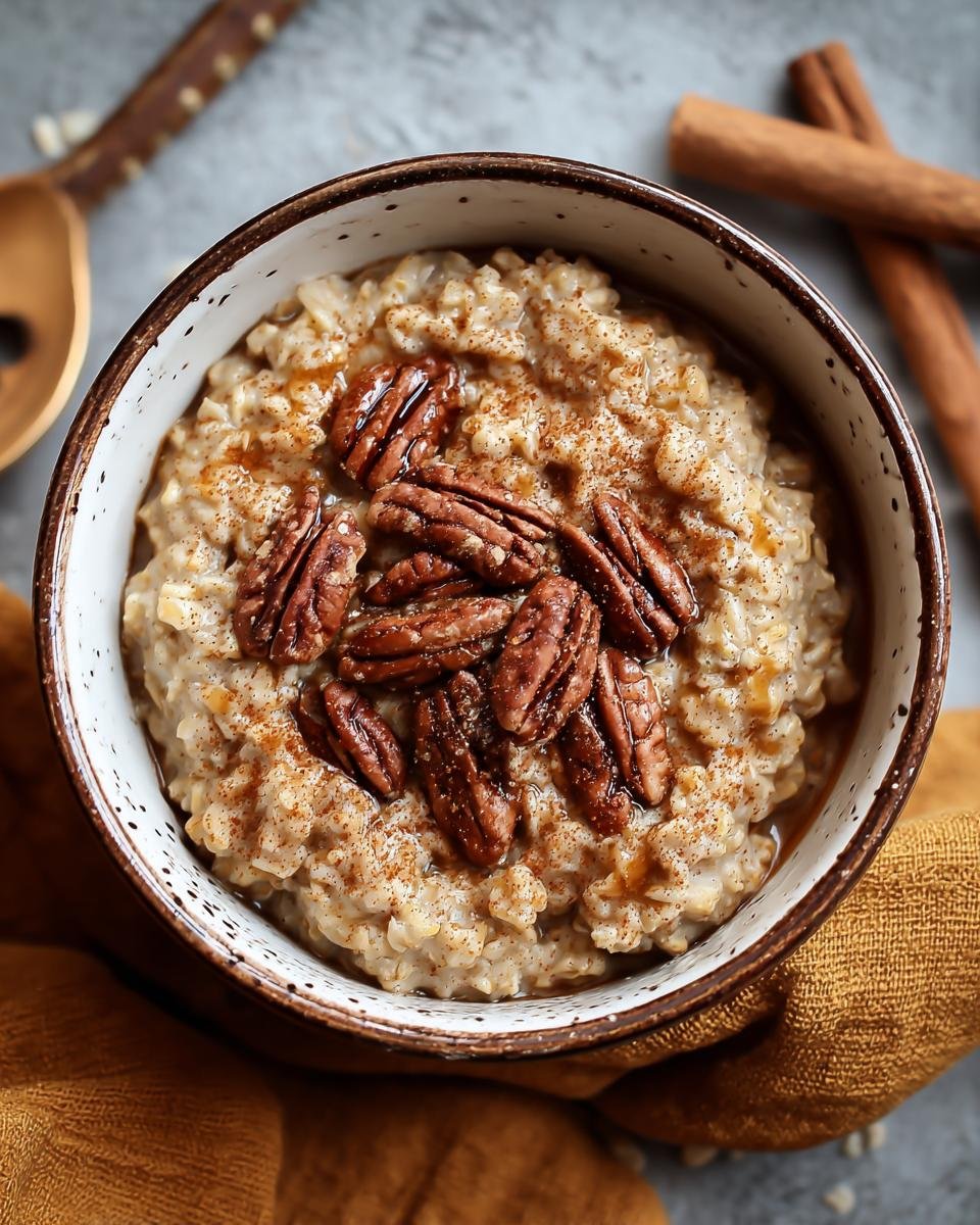 Overhead shot of a bowl of Pumpkin Spice Oatmeal topped with pecans and a sprinkle of cinnamon.