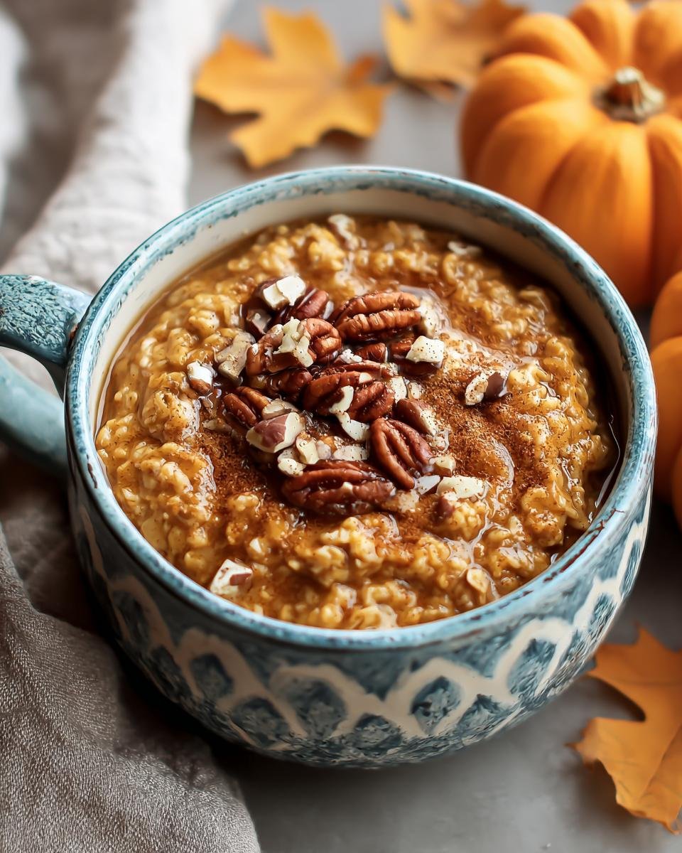 A bowl of Pumpkin Spice Oatmeal topped with pecans and cinnamon, with fall leaves and pumpkins in the background.