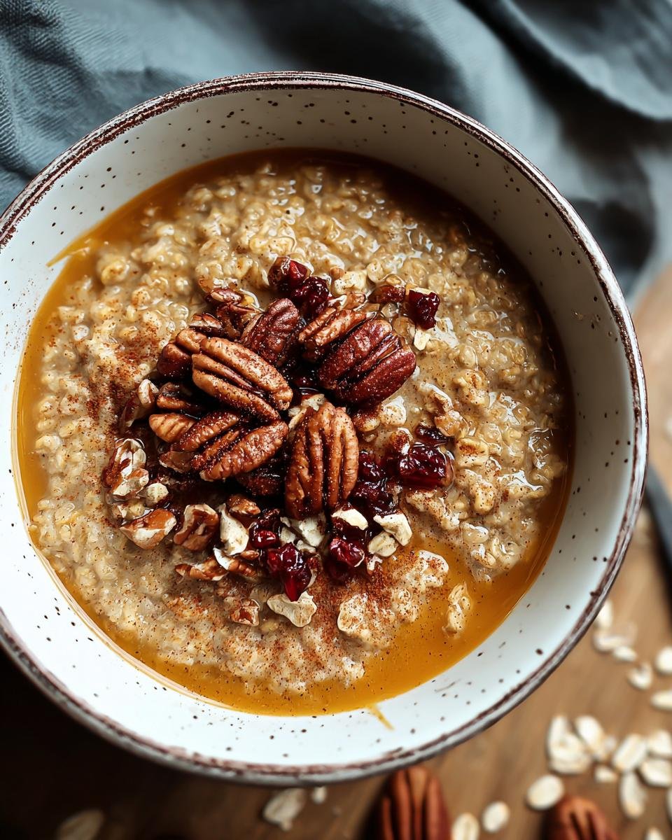 A bowl of Pumpkin Spice Oatmeal topped with pecans, cranberries, and a dusting of cinnamon.