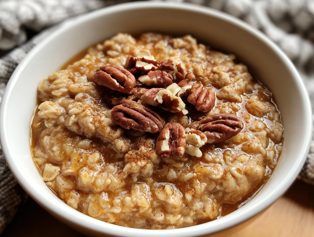 A delicious bowl of Pumpkin Spice Oatmeal topped with pecans and a sprinkle of spice.