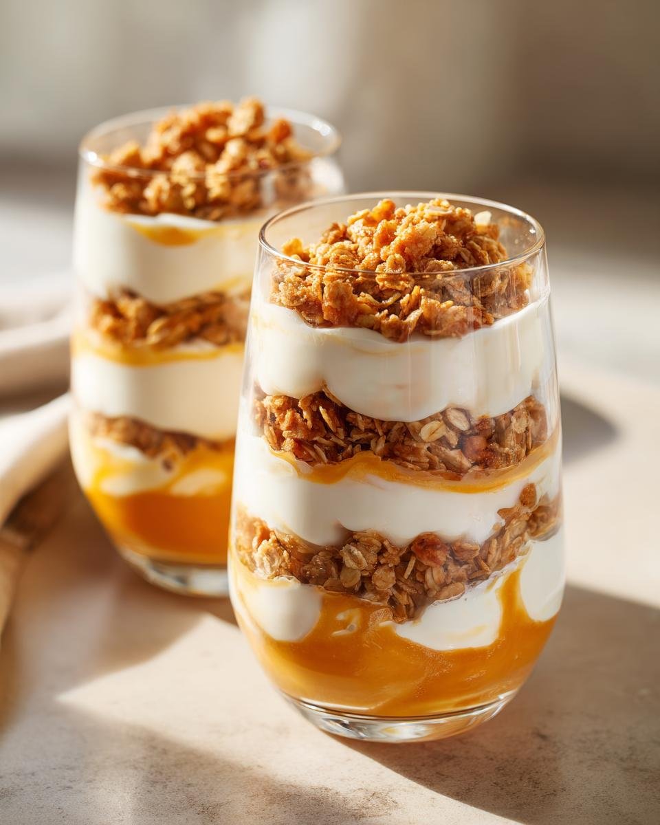 Two layered Pumpkin Yogurt Parfaits (2025) in clear glasses, showing pumpkin puree, yogurt, and granola.