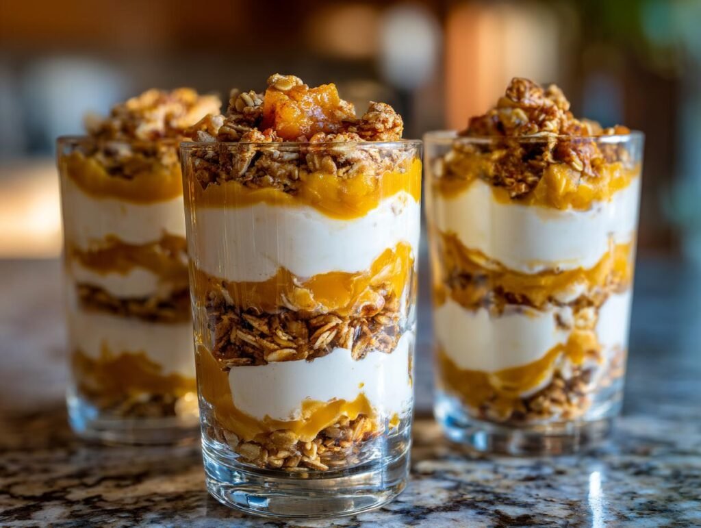 Three glasses filled with layered Pumpkin Yogurt Parfaits (2025), showing yogurt, pumpkin puree, and granola.
