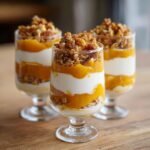 Three layered Pumpkin Yogurt Parfaits (2025) in clear glasses, topped with granola.