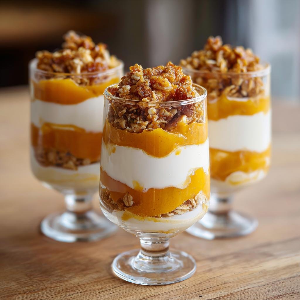 Three layered Pumpkin Yogurt Parfaits (2025) in clear glasses, topped with granola.
