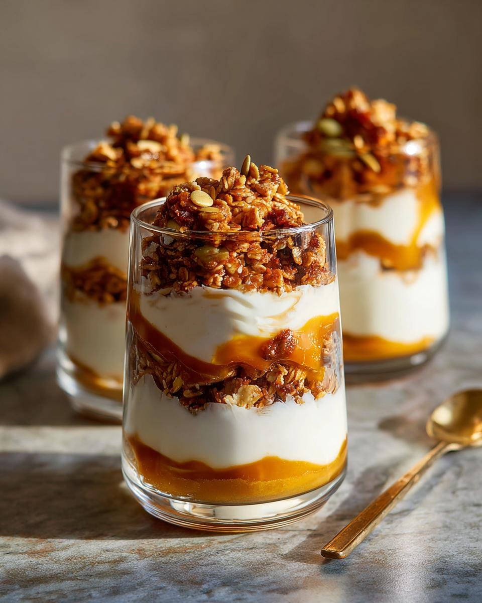 Three glasses of layered Pumpkin Yogurt Parfaits with granola and pumpkin puree.