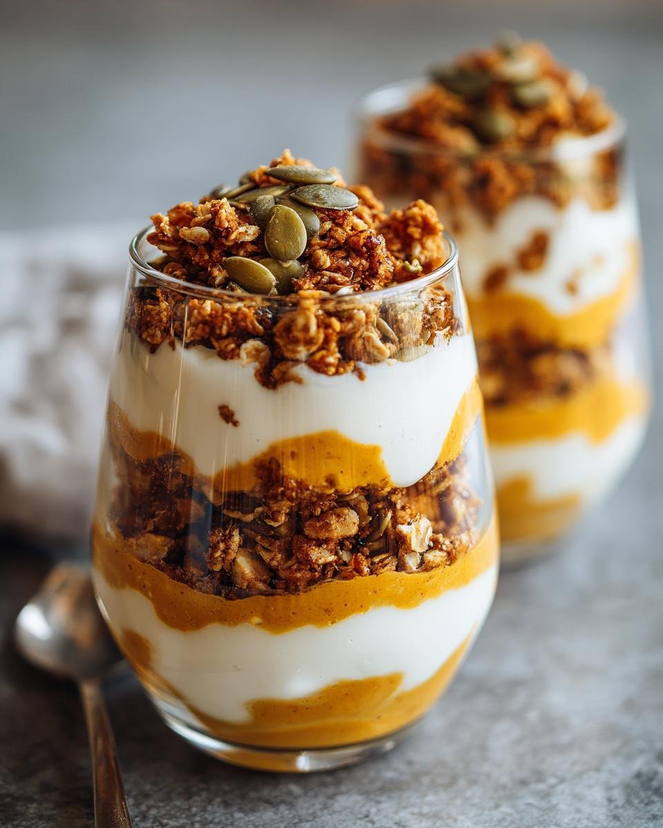 Two layered Pumpkin Yogurt Parfaits in glasses, topped with granola and pumpkin seeds.