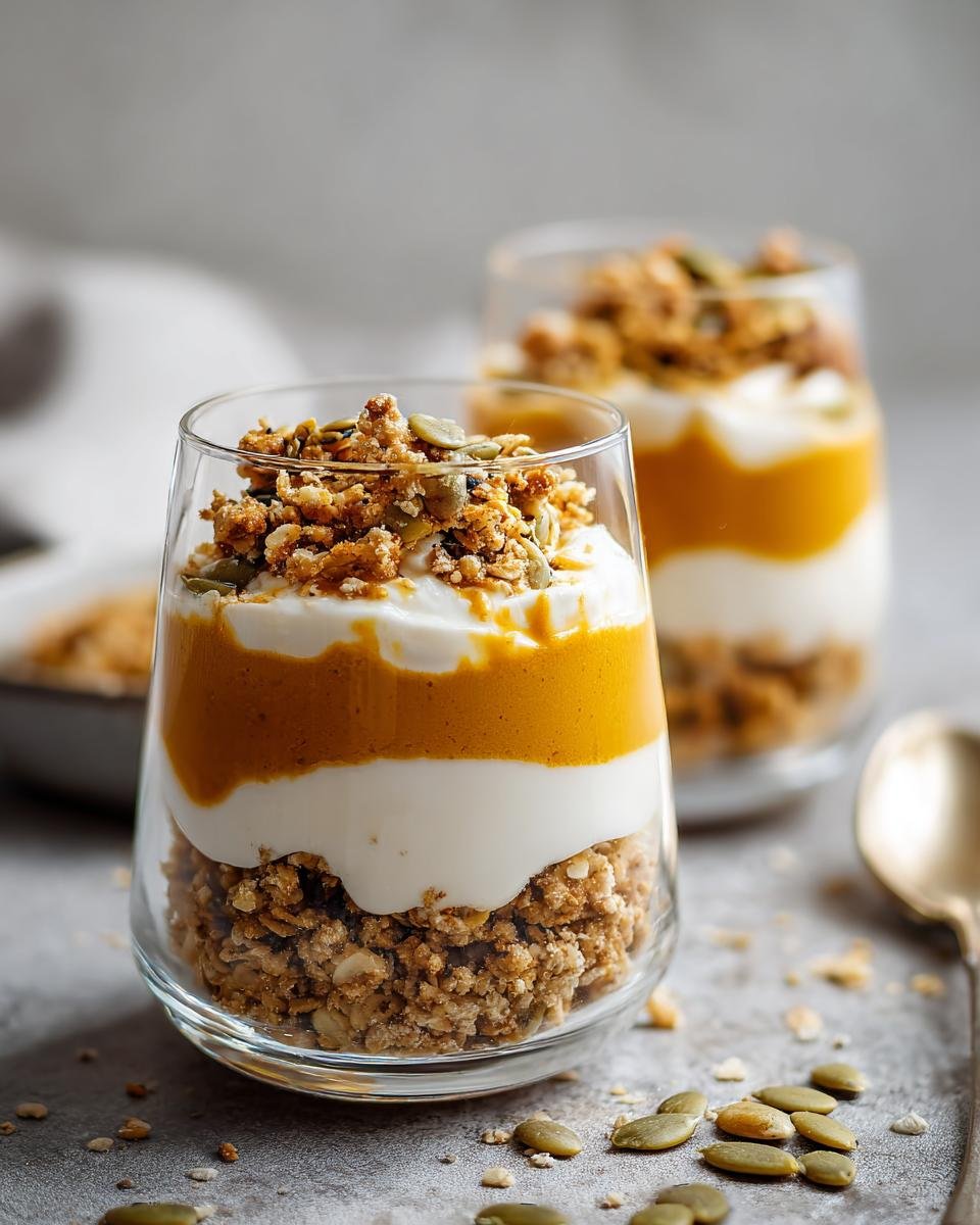 Two layered Pumpkin Yogurt Parfaits in glass cups, topped with granola and pumpkin seeds. 