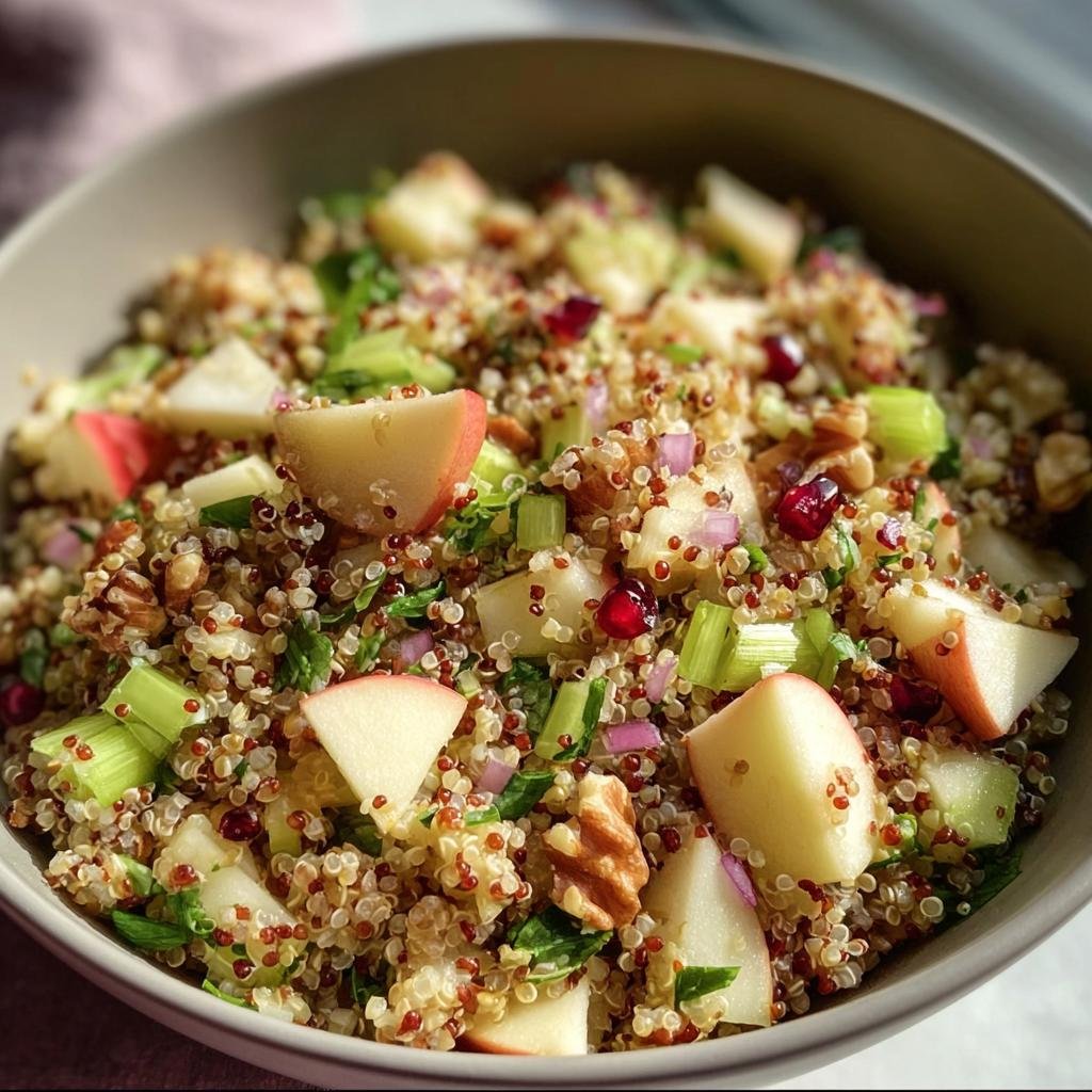 Close-up of a colorful Quinoa Apple Salad in a bowl, featuring quinoa, apples, celery, nuts, and pomegranate seeds.