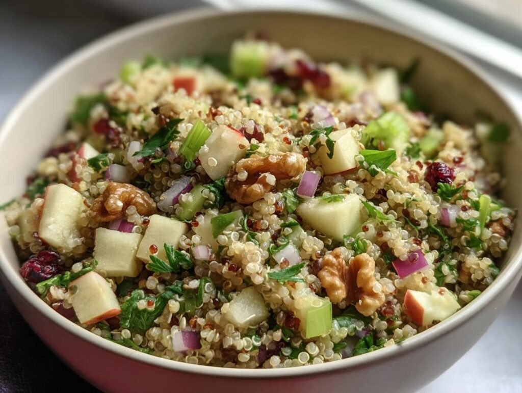 Close-up of a Quinoa Apple Salad in a bowl with quinoa, apples, walnuts, red onion, celery, and herbs.