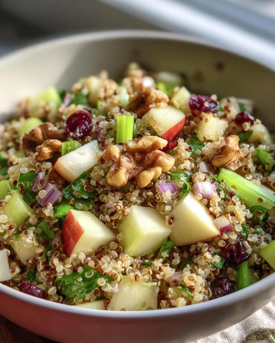 Close-up of a bowl filled with Quinoa Apple Salad, featuring quinoa, apples, walnuts, celery, cranberries, and herbs.