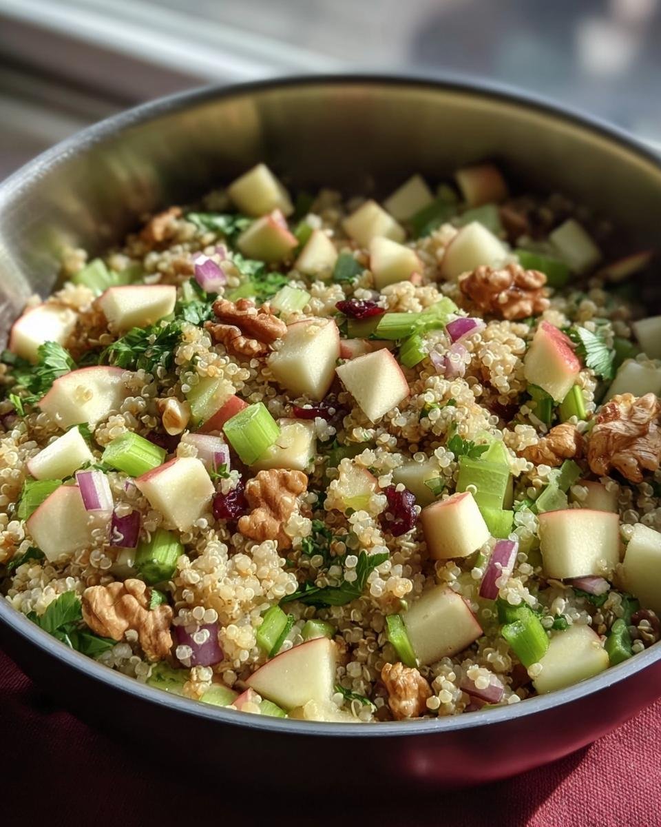 A vibrant bowl of Quinoa Apple Salad with quinoa, diced apples, celery, red onion, cranberries, and walnuts.