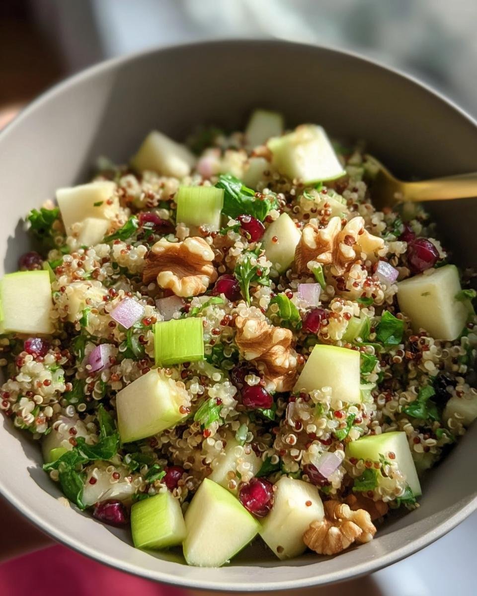 A vibrant Quinoa Apple Salad in a bowl, featuring quinoa, apples, walnuts, celery, red onion, and pomegranate seeds.