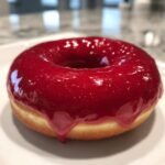 A close-up of a glazed donuts with a shiny red topping on a white plate.