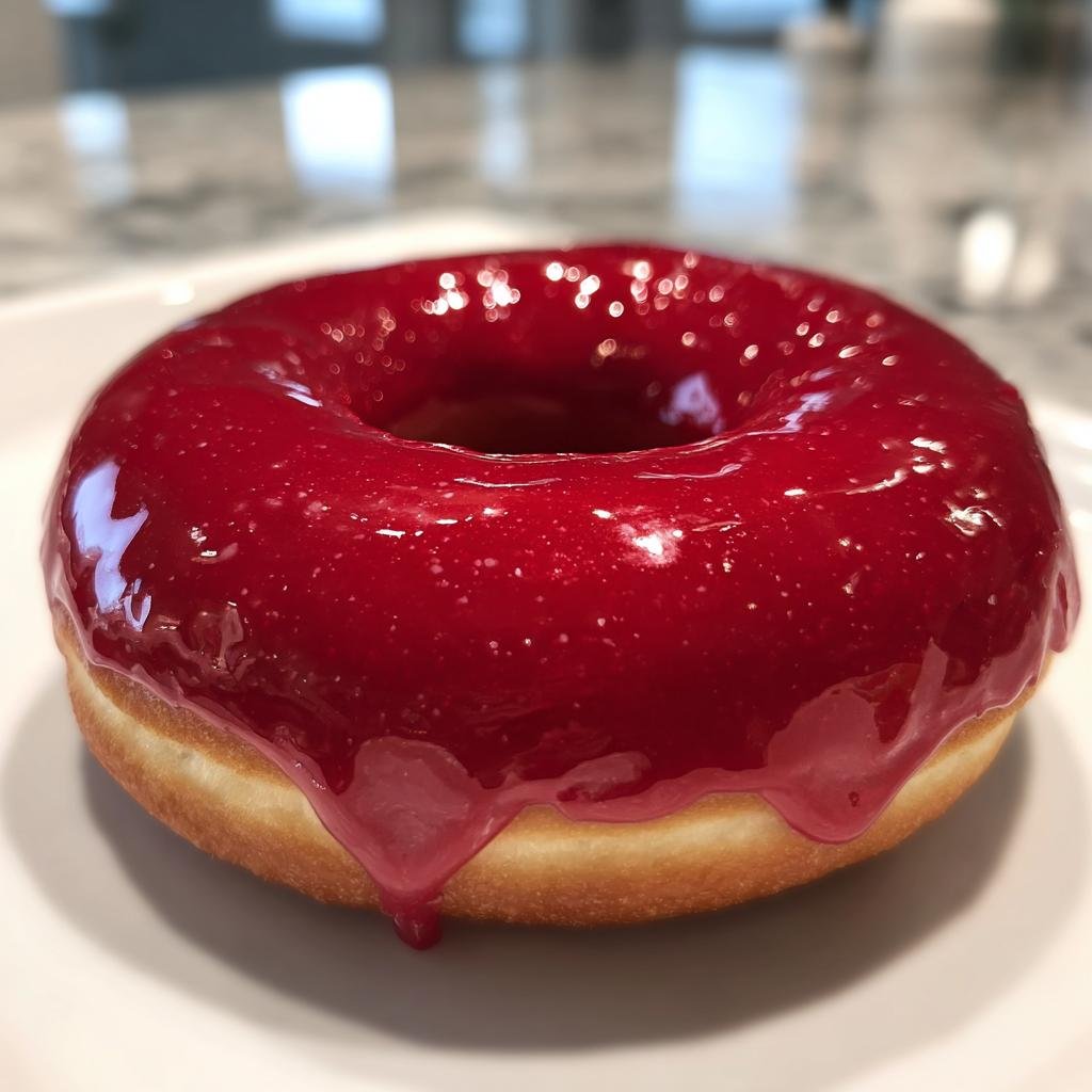 A close-up of a glazed donuts with a shiny red topping on a white plate.