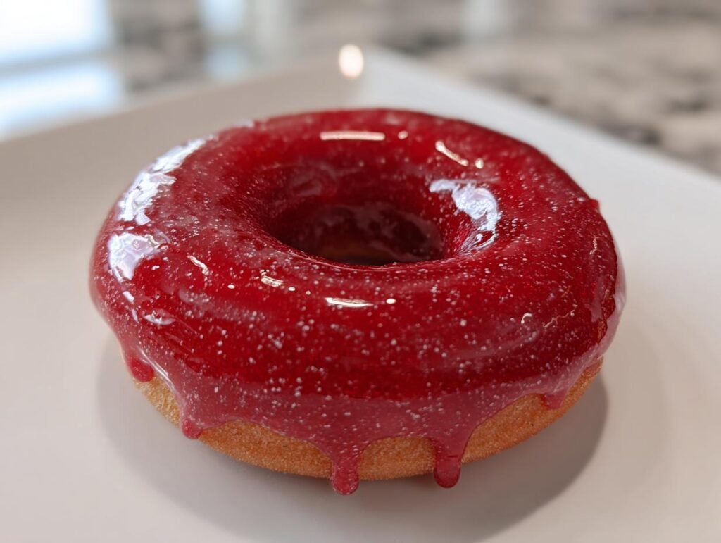 A single donut with a shiny red glaze sits on a white plate, ready to be enjoyed. Fresh Donuts.
