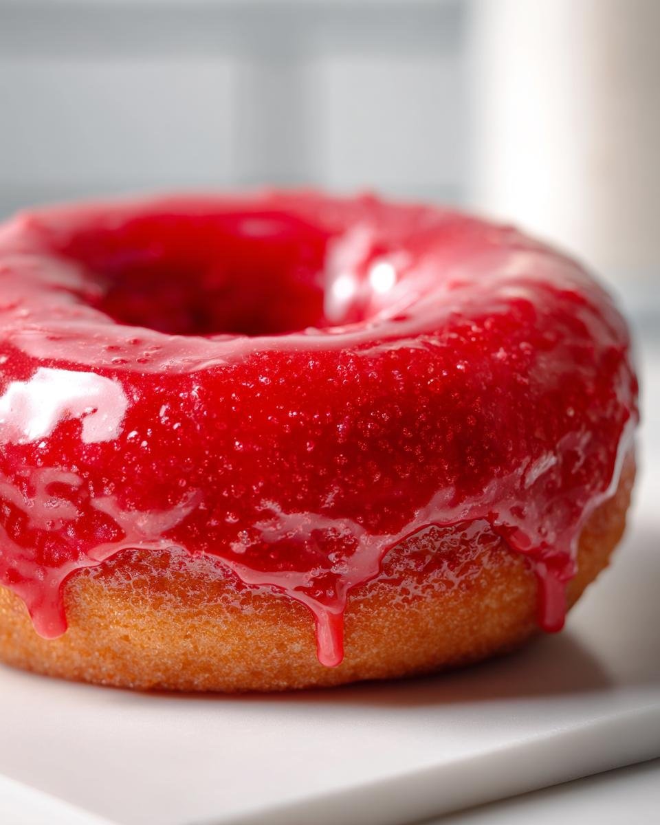 Close-up of a delicious donut with a shiny red glaze dripping down the sides.