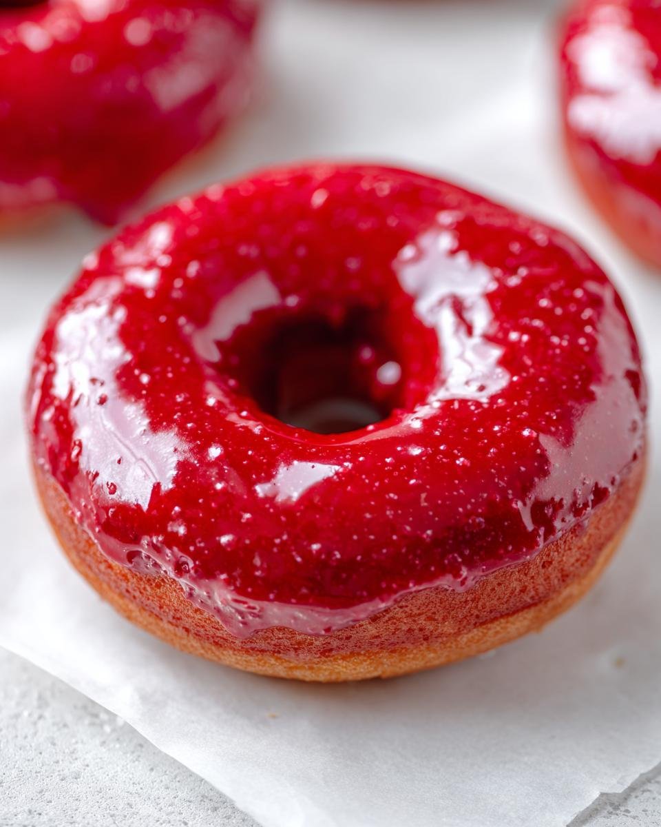 Close-up of a red glazed donut. Shiny, sweet, and ready to eat! Perfect for donuts lovers.