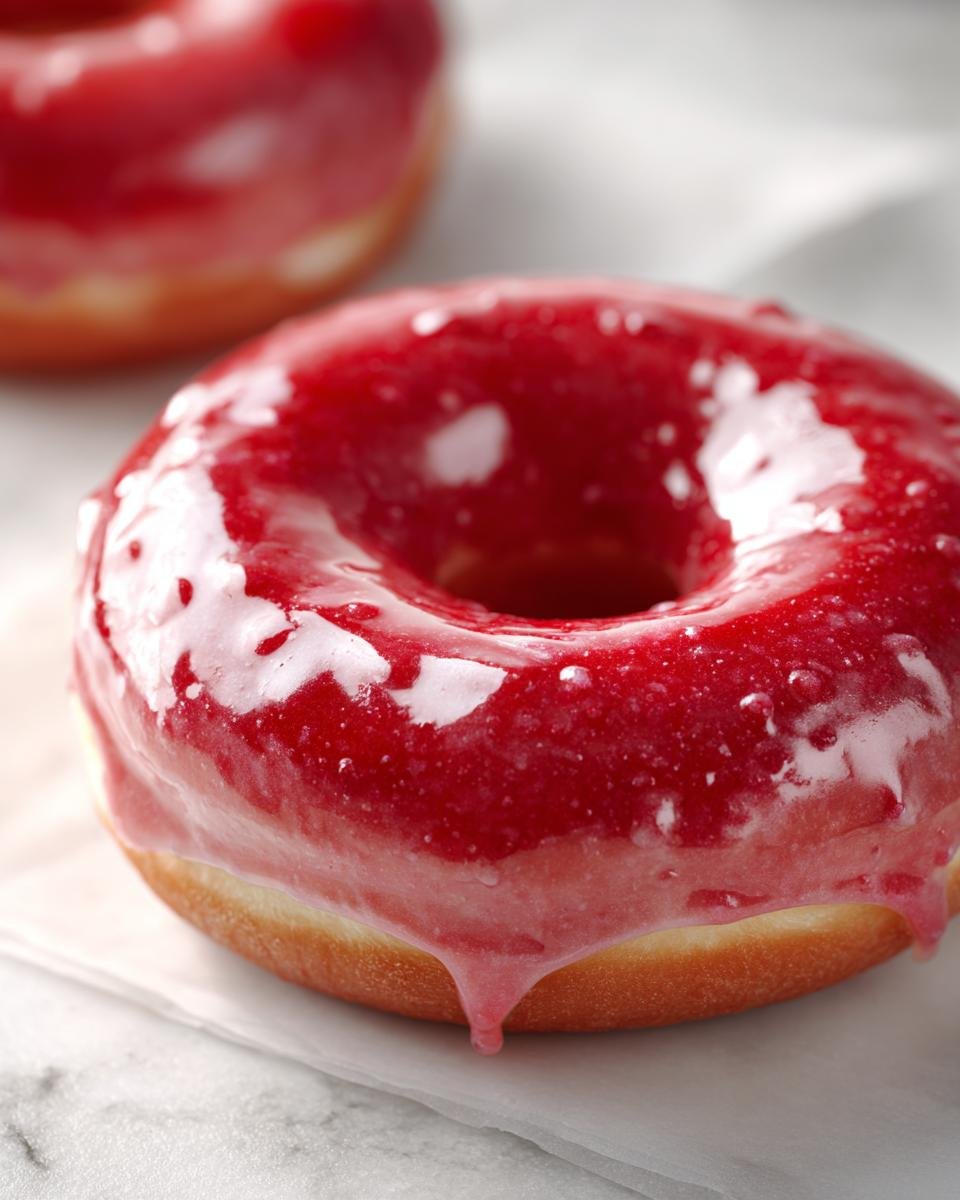 Close-up of a red glazed donut with a glossy finish, perfect for enjoying with coffee. Freshly made Donuts.
