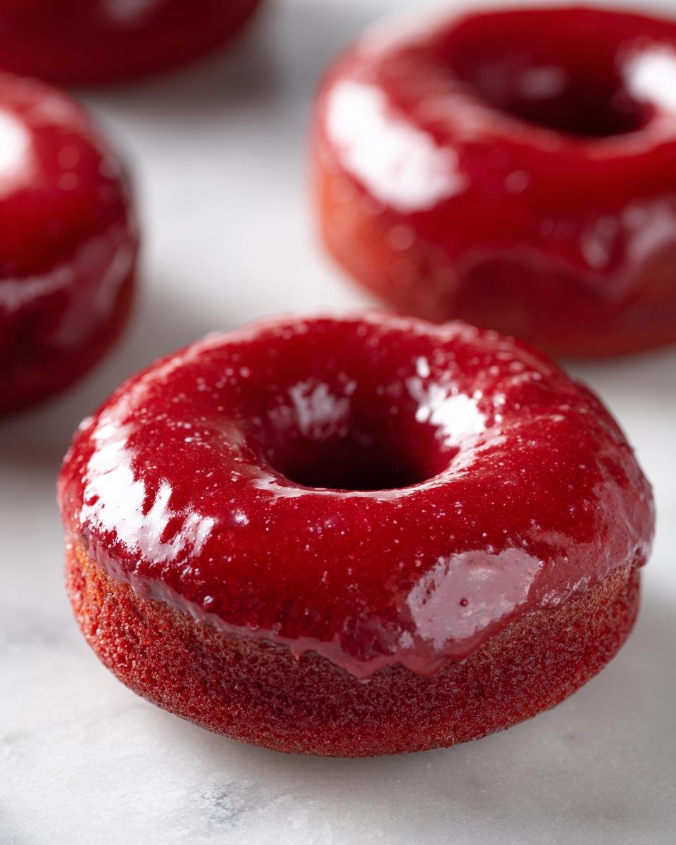 Close-up of red glazed donuts on a marble surface. Shiny, tempting donuts.