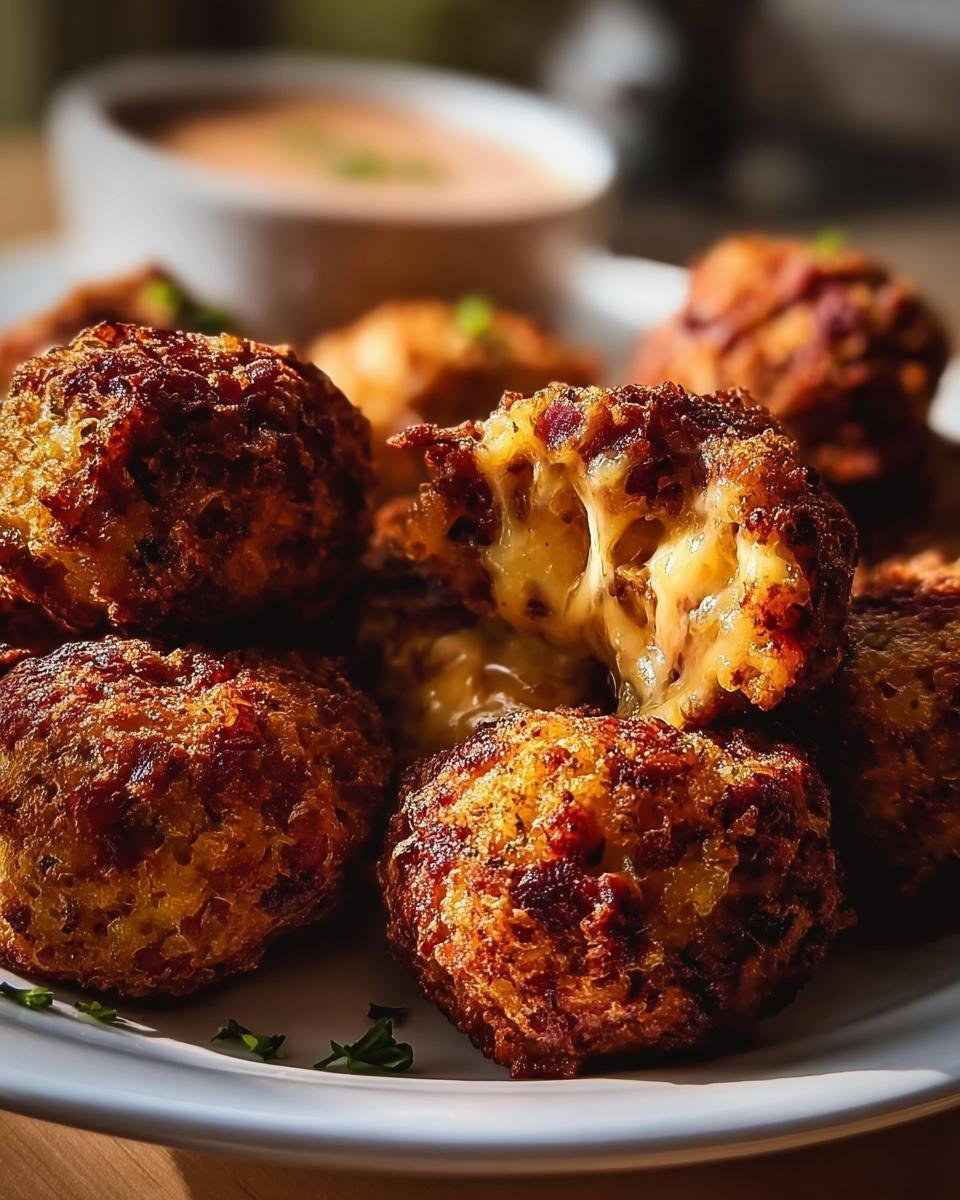 Close-up of golden-brown Reuben Balls, one broken open to show melted cheese inside.