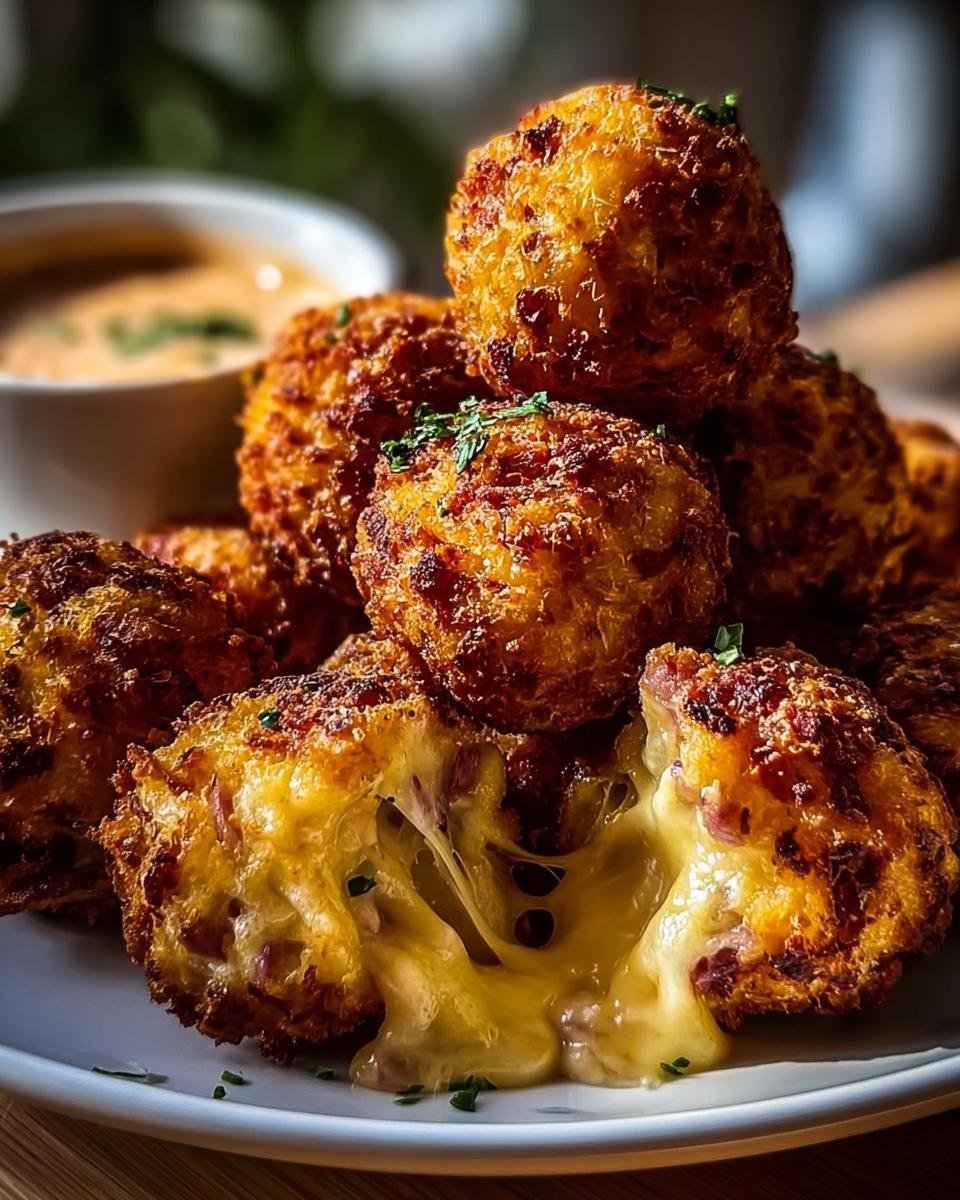 A stack of golden-brown Reuben Balls, one split open to show the melted cheese filling.