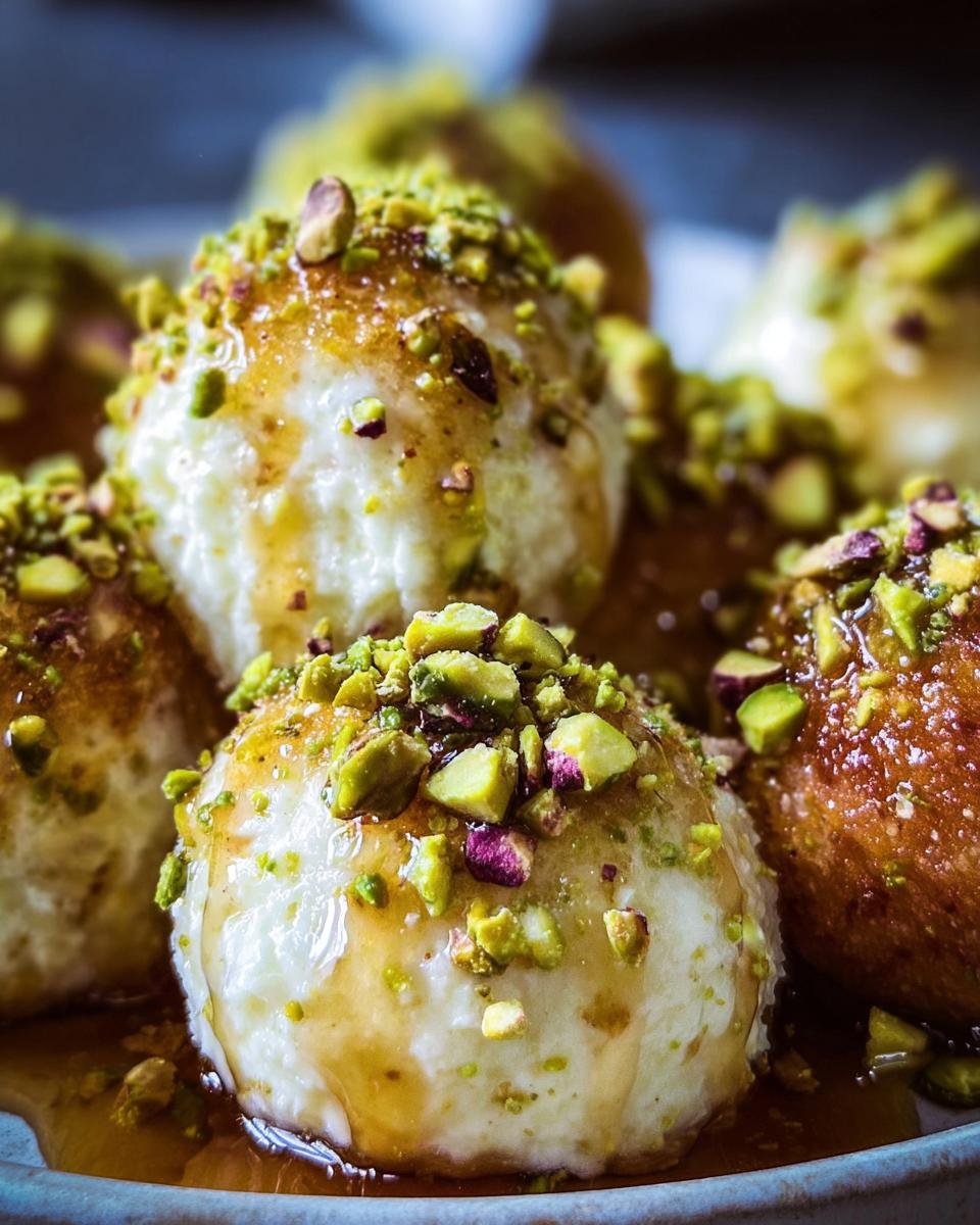 Close-up of Ricotta Pistachio Honey Bites drizzled with honey and sprinkled with chopped pistachios.