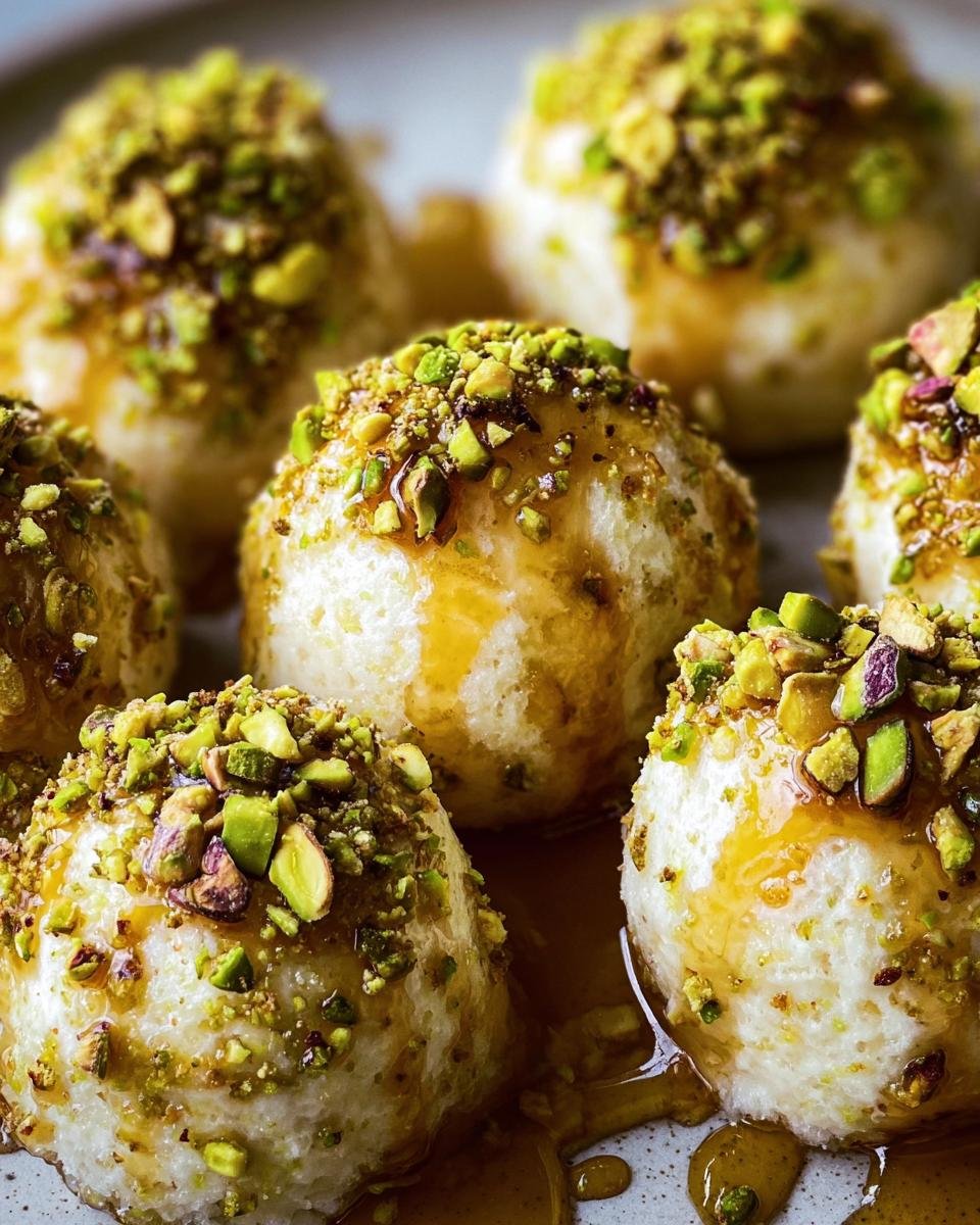 Close-up of Ricotta Pistachio Honey Bites drizzled with honey and topped with chopped pistachios.