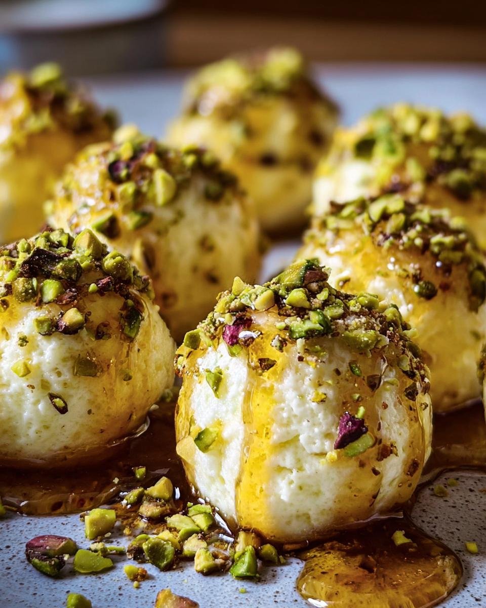 Close-up of Ricotta Pistachio Honey Bites drizzled with honey and topped with chopped pistachios.