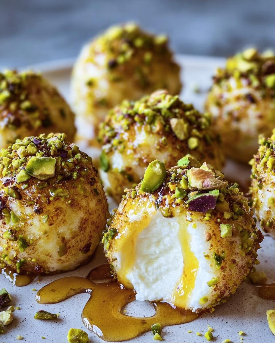 Several Ricotta Pistachio Honey Bites are plated, one is cut open to show the ricotta filling and honey drizzle.