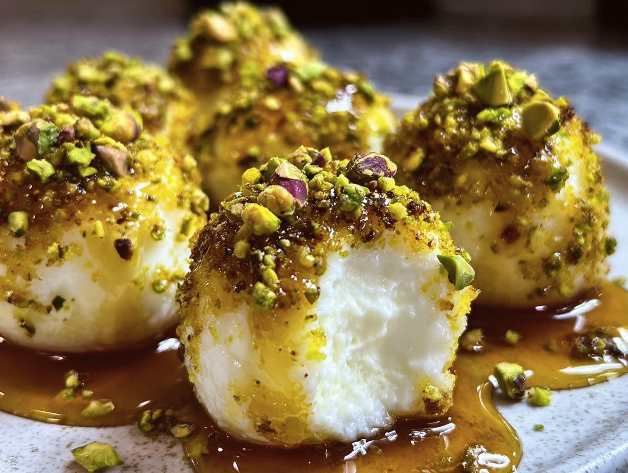 Close-up of Ricotta Pistachio Honey Bites, drizzled with honey and topped with chopped pistachios.