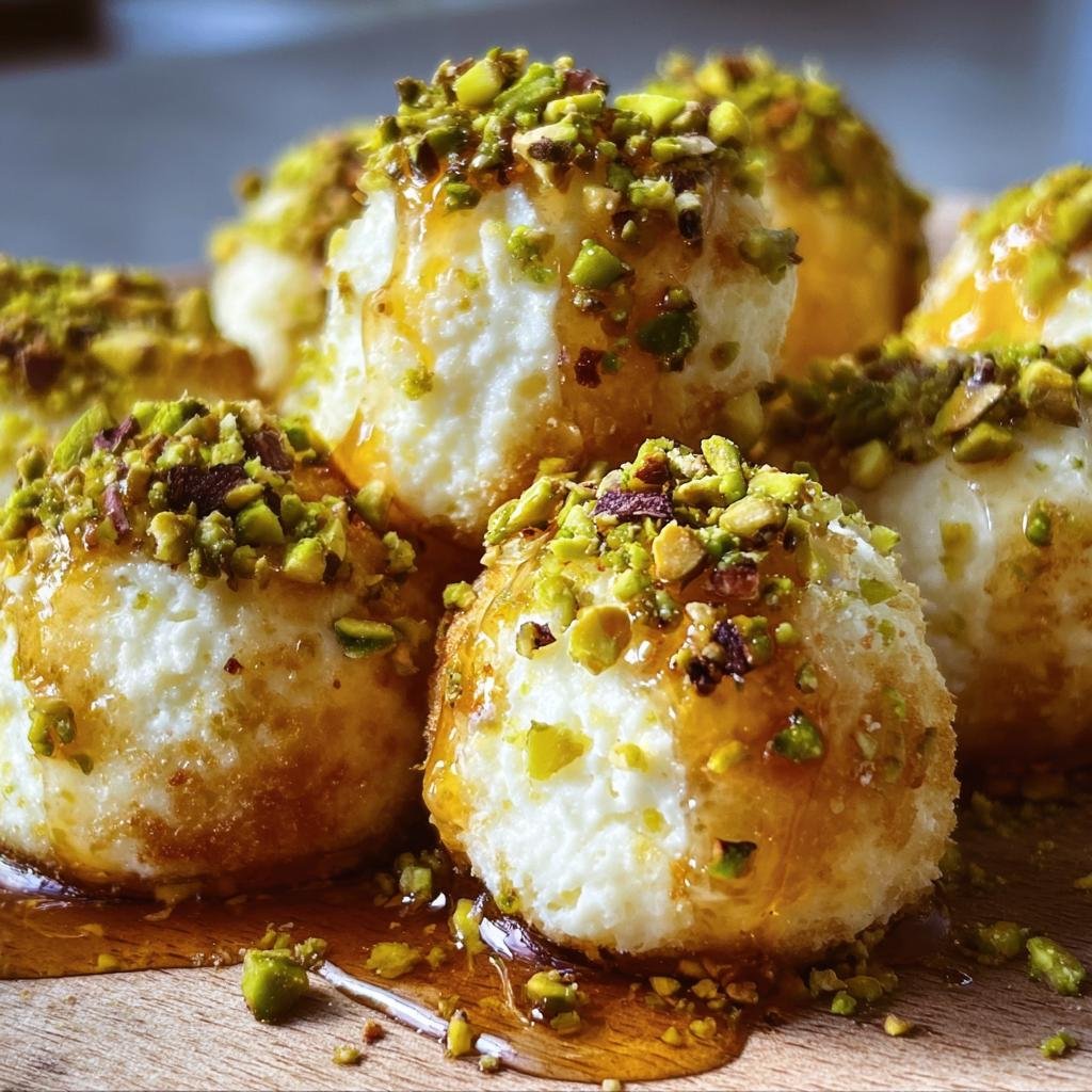 A close-up of Ricotta Pistachio Honey Bites, drizzled with honey and topped with chopped pistachios.