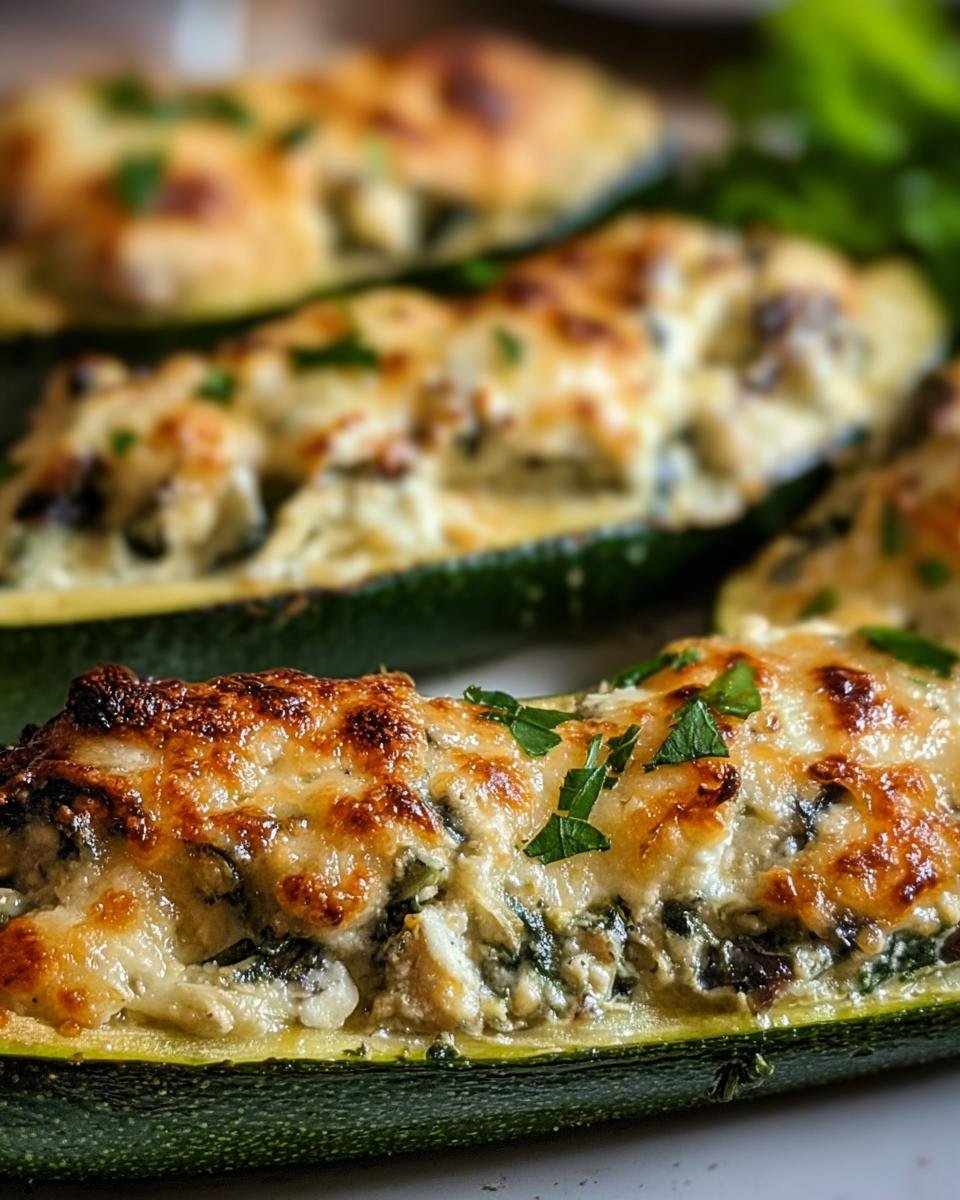 Close-up of Ricotta Stuffed Zucchini boats, baked and garnished with fresh parsley.