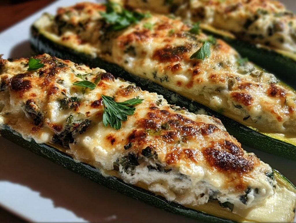 Close-up of Ricotta Stuffed Zucchini boats with melted cheese and herbs, ready to serve.